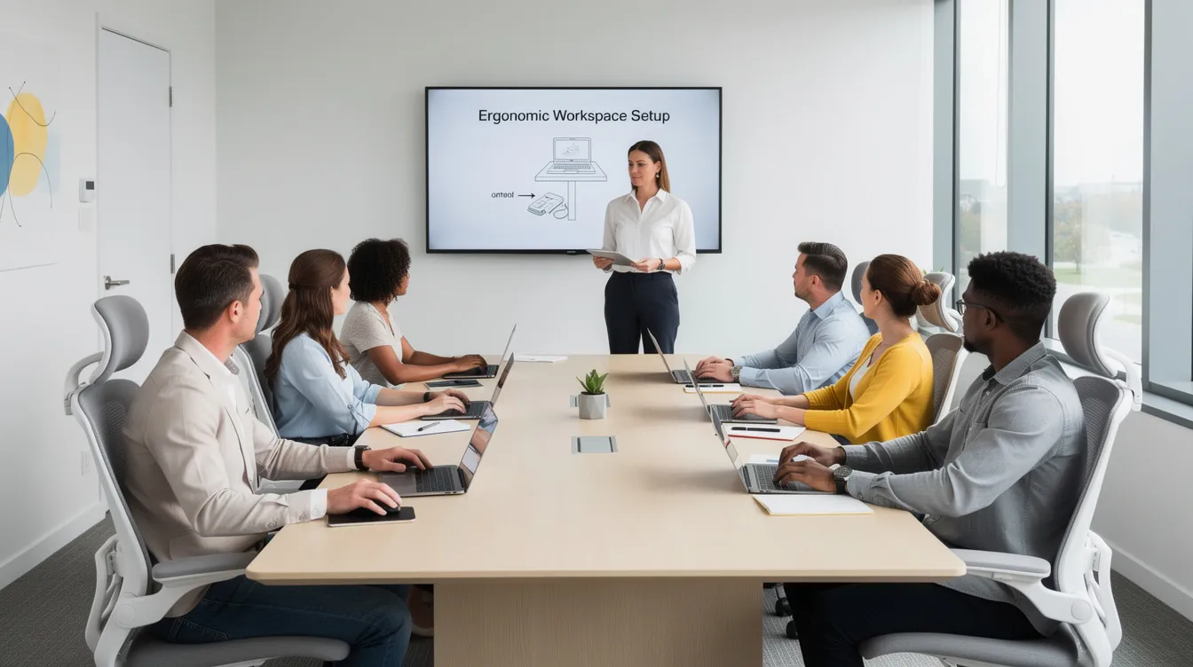 A team is engaged in a short ergonomic awareness workshop in an office meeting room, discussing risk factors associated with workplace ergonomics and the importance of managing stress to prevent burnout symptoms. Participants are learning about effective strategies to relieve stress and improve work-life balance in a high-pressure environment.