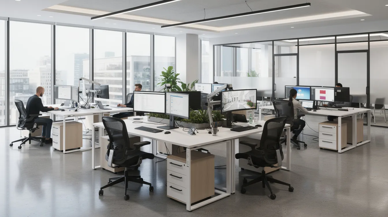The image depicts a modern open-plan tech office featuring ergonomic sit-stand desks equipped with large monitors, promoting workplace ergonomics and reducing risk factors associated with burnout. The layout encourages a healthy work-life balance, allowing employees to manage stress and maintain emotional health in a high-pressure environment.