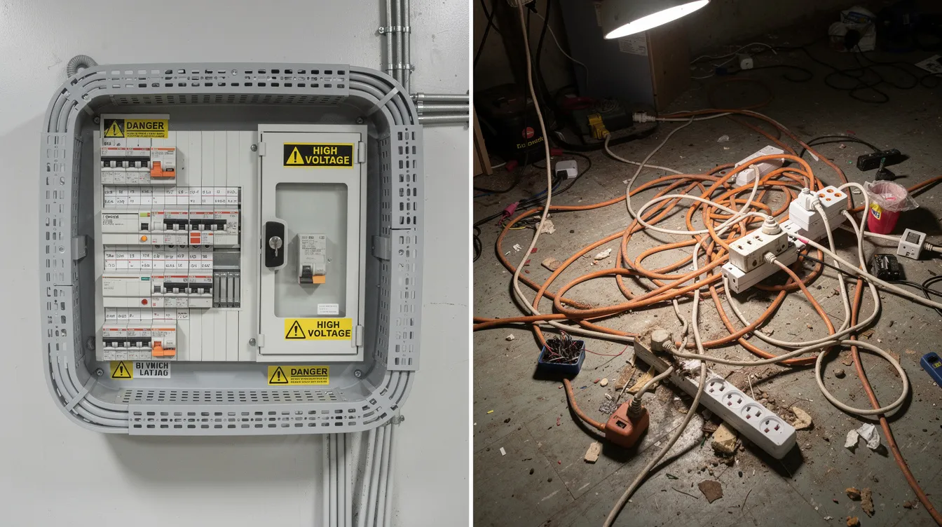 The image shows a properly labelled industrial distribution board with locked covers and RCD protection on one side, highlighting workplace safety and proactive risk management. In contrast, a cluttered extension cord setup is depicted on the other side, illustrating common workplace hazards that can lead to serious safety incidents.