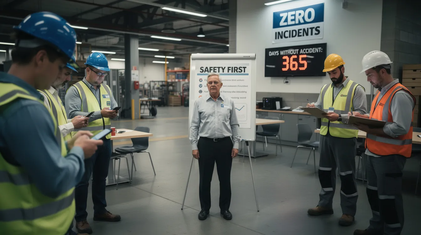 The image depicts workers at a routine safety briefing, where they appear disengaged, looking at their phones and clipboards, highlighting a compliance-driven culture that lacks engagement in workplace safety. This scene illustrates the challenges of fostering a strong safety culture, emphasizing the need for leadership commitment and open communication to shift mindsets from mere compliance to genuine care for safety.