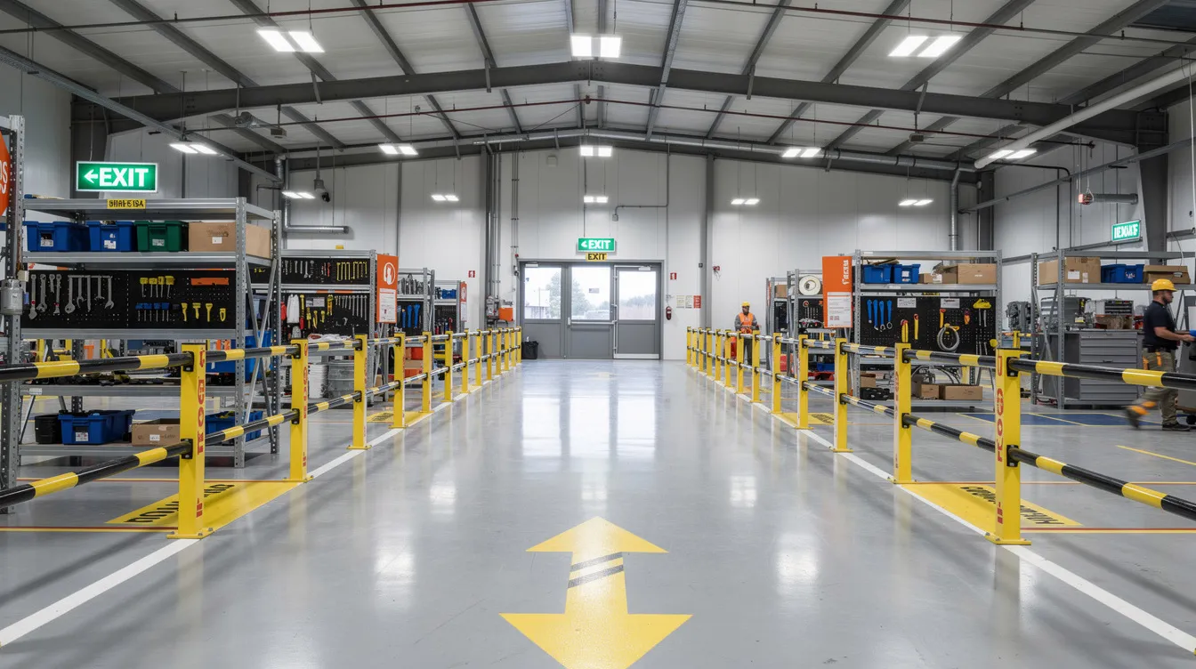The image depicts an industrial workspace designed with safety measures, featuring clear safety barriers, well-marked emergency exits, and organized equipment storage to promote workplace safety and health. This environment emphasizes the importance of conducting regular risk assessments and adhering to safety protocols to prevent workplace incidents and ensure employee safety.