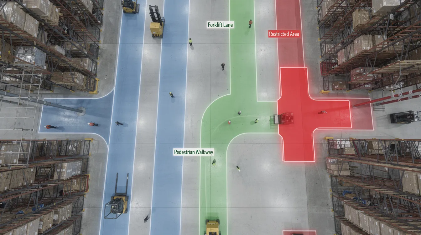 The image shows an overhead view of a warehouse floor with AI-highlighted zones indicating designated forklift lanes, pedestrian walkways, and restricted storage areas, emphasizing workplace safety through advanced AI video analytics. This setup aims to enhance operational efficiency and ensure compliance with safety protocols, protecting workers in high-risk environments.
