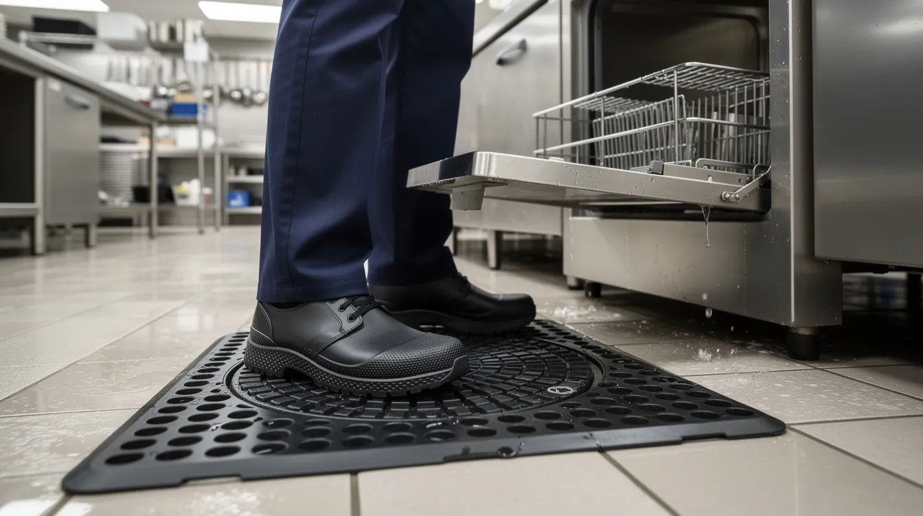 A kitchen worker is standing on an anti-slip drainage mat, wearing slip-resistant shoes, near a commercial dishwasher in a busy kitchen environment. This setting emphasizes safety and hygiene, helping to reduce the risk of slips and falls while handling hot equipment and meals.