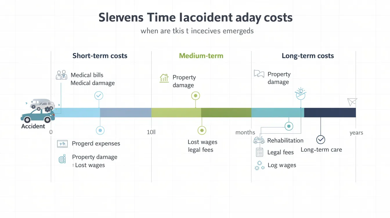 The image depicts a timeline chart illustrating the emergence of various accident costs, including direct and indirect costs, over weeks, months, and years following workplace incidents. It highlights the financial impact of medical expenses, lost productivity, and the hidden costs associated with workplace injuries, emphasizing the true cost of a workplace accident.