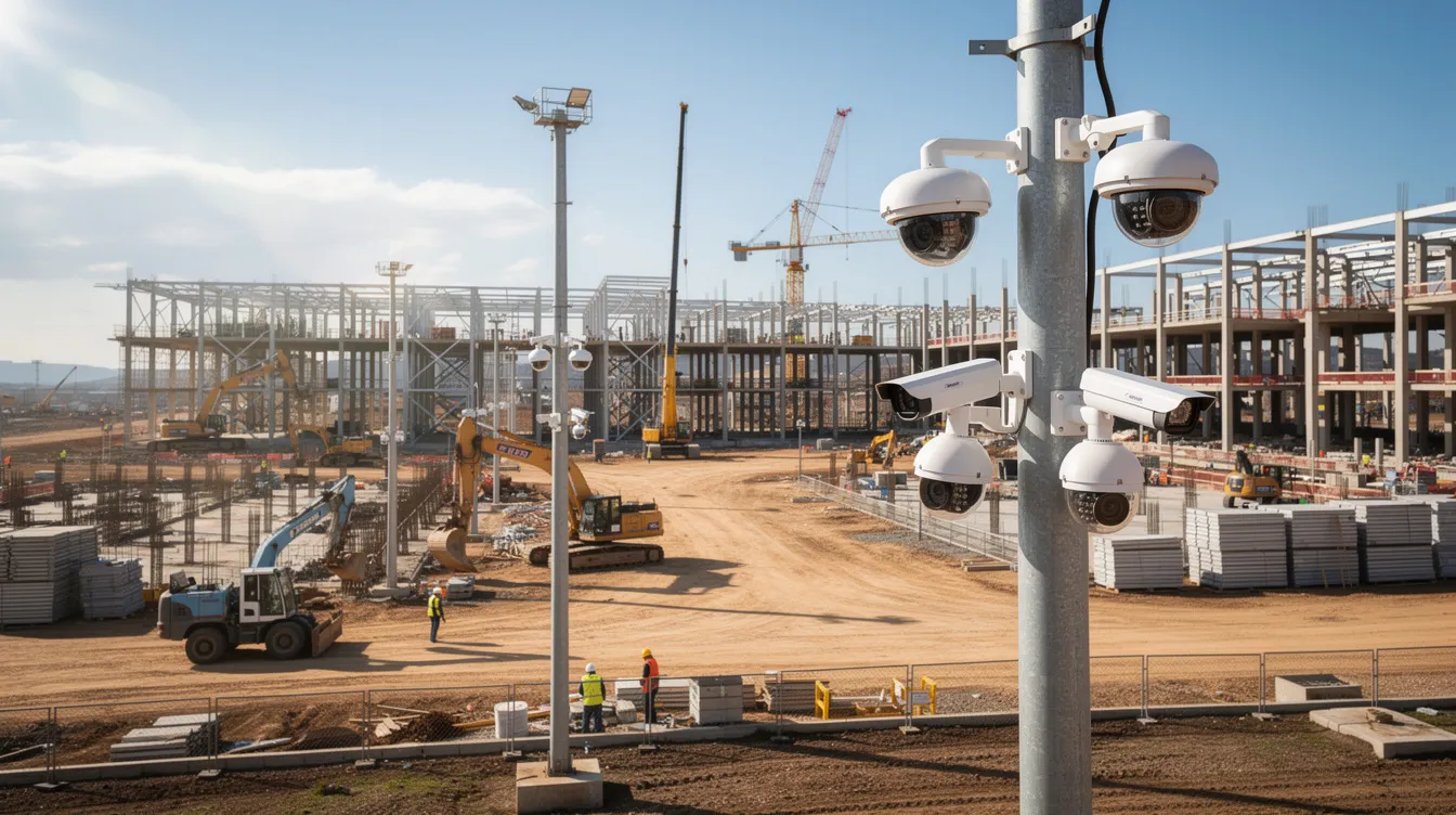 The image depicts a wide-angle view of a modern construction site, featuring multiple CCTV cameras mounted on poles that oversee active work zones, ensuring workplace safety through real-time monitoring. These AI-powered video analytics systems enhance operational efficiency and support safety protocols, protecting workers by proactively detecting unsafe behaviors in this high-risk environment.