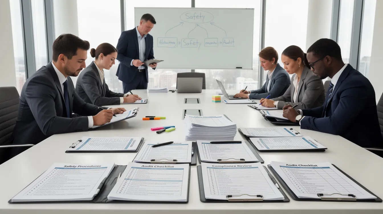 The image depicts a professional office meeting room where a group of individuals is engaged in reviewing safety documentation and audit checklists on a conference table. This setting emphasizes the importance of workplace safety and the commitment to achieving ISO 45001 standards and bizsafe star status through effective risk management and health management systems.