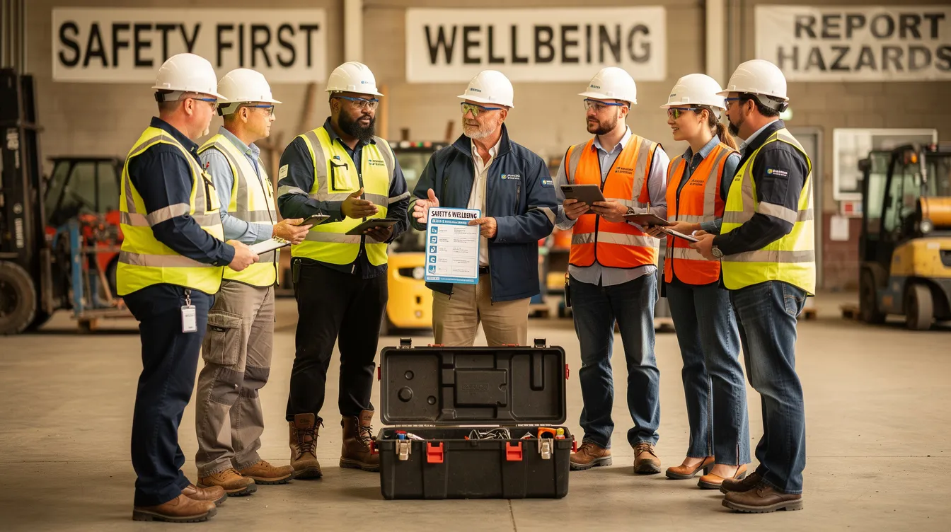 A diverse team of workers and supervisors is gathered at a toolbox meeting, actively discussing topics related to safety, mental health, and the importance of creating psychological safety in the workplace. Their focus on team dynamics and open communication highlights the crucial role of fostering a supportive environment for employee well-being and success.
