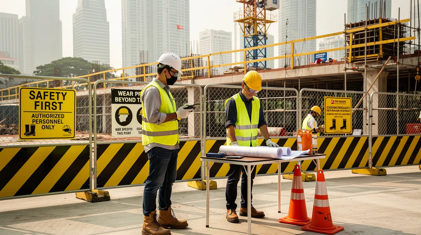 The image depicts a modern construction site in Singapore, featuring workers wearing appropriate personal protective equipment, such as helmets and safety vests, while safety signage is prominently displayed. This scene highlights the importance of workplace safety and health measures, including risk assessments and safety training, essential for preventing workplace incidents and ensuring compliance with the WSH Act.