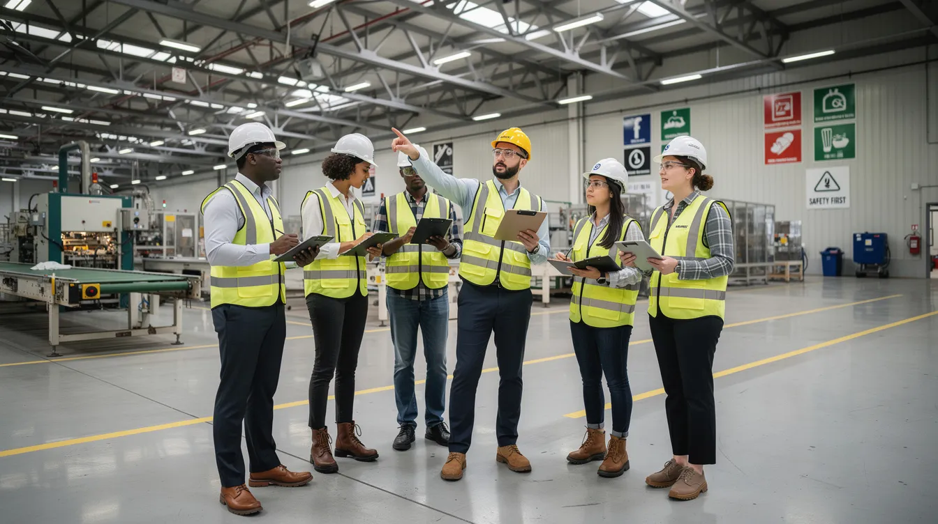 A diverse team of workers and managers is conducting a joint safety walkabout inspection at a manufacturing facility, focusing on workplace safety and risk management. This proactive approach demonstrates their commitment to achieving bizsafe star status and maintaining robust occupational health and safety standards.