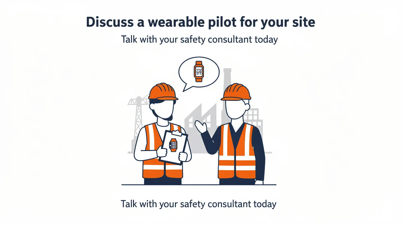 An icon-style graphic encourages discussions about implementing wearable technology for workplace safety, focusing on preventing heat-related illnesses among outdoor workers. It highlights the importance of monitoring core body temperature and heat exposure to mitigate significant health risks in high-risk environments.