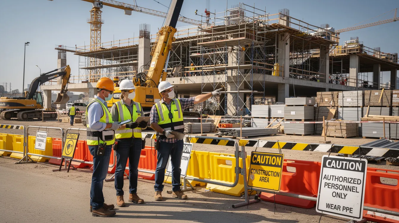 An industrial safety team is conducting a thorough workplace inspection at a construction site, surrounded by visible safety barriers and signage indicating safety protocols. This proactive approach to workplace safety reflects the commitment to achieving bizsafe star status and ensuring robust health management systems are in place to manage workplace risks effectively.