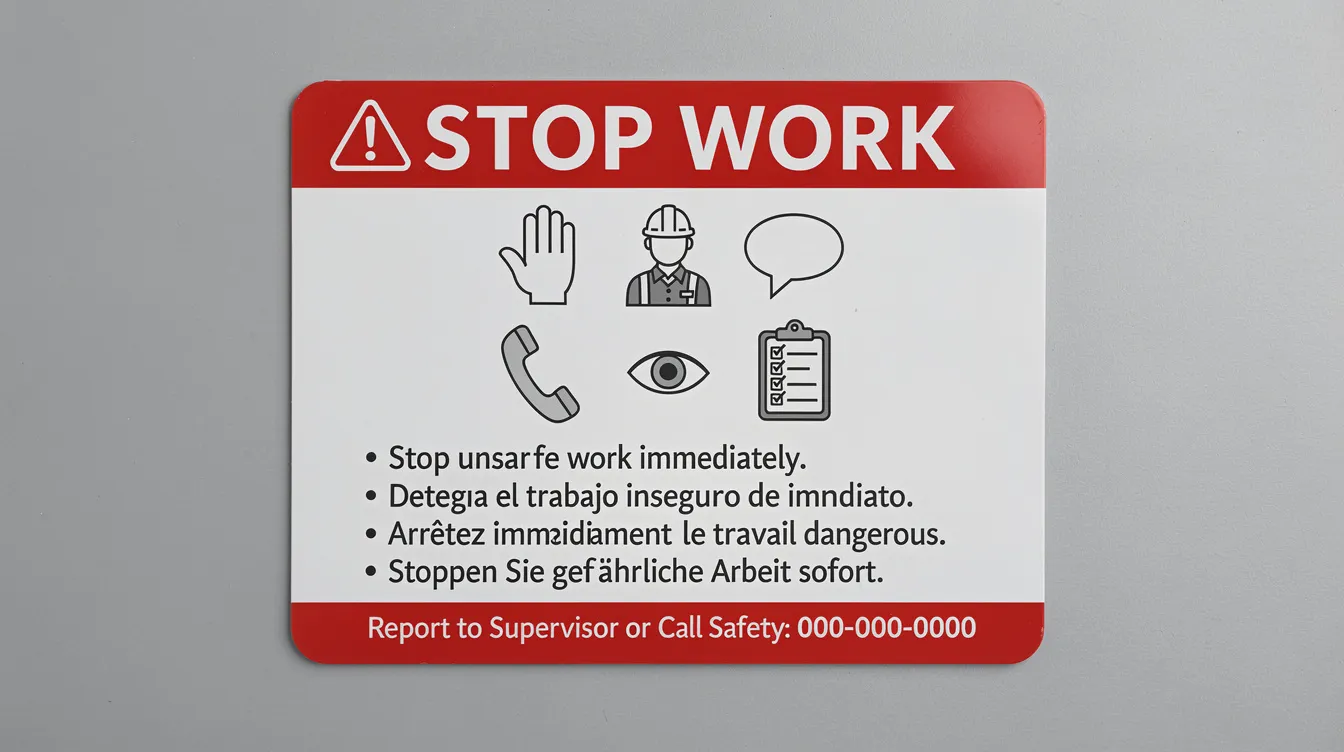 The image showcases a mock-up of a one-page laminated Stop Work card featuring simple icons and multilingual text, designed to promote a strong safety culture. This card empowers workers to voice safety concerns and actively participate in identifying hazards, contributing to a positive safety culture within the organization.