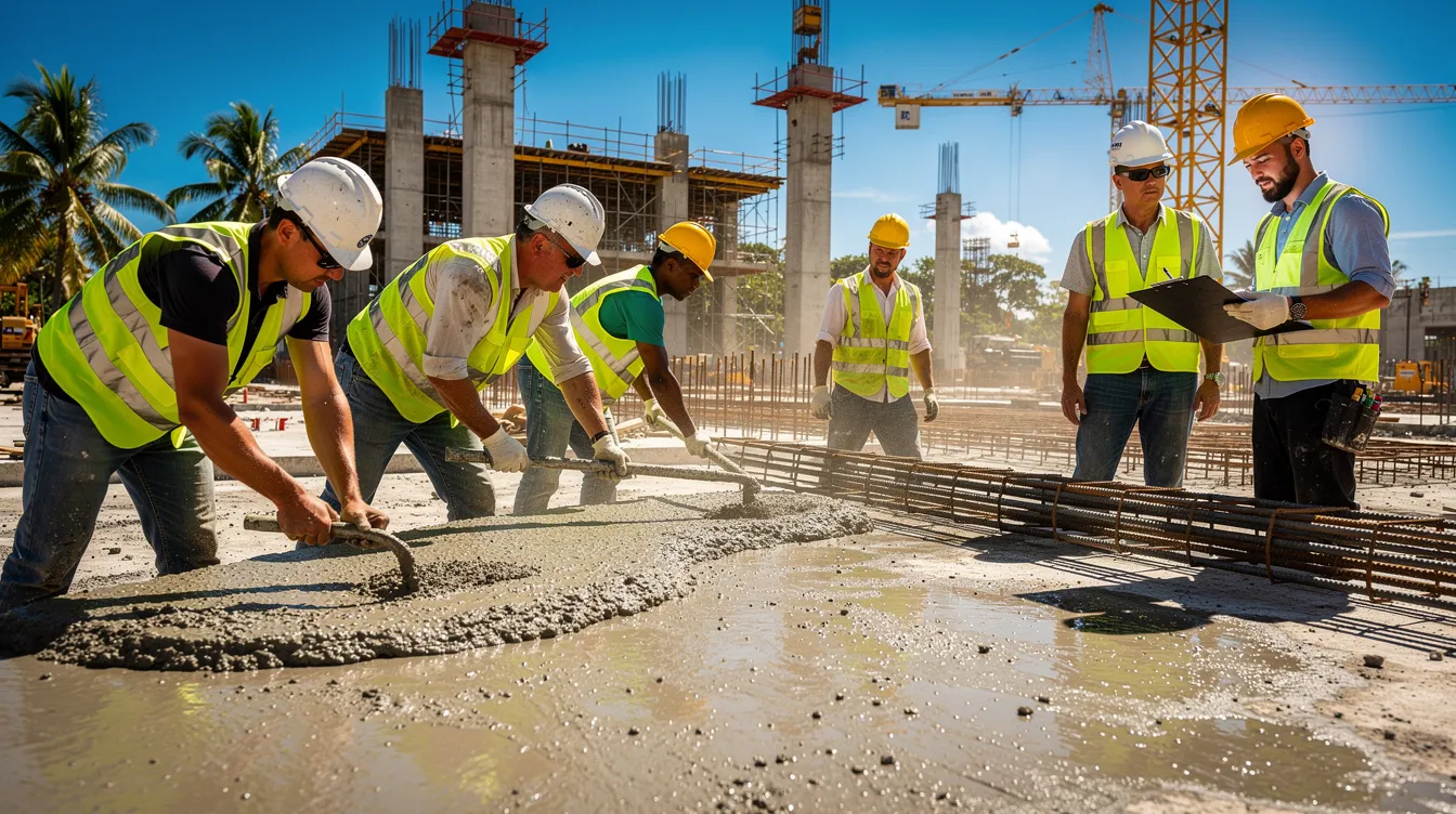 A group of outdoor construction workers in hard hats and high-visibility vests are actively engaged in their tasks on a concrete site, under the bright tropical sun. They are exposed to extreme heat, highlighting the importance of wearable technology for monitoring heat stress and preventing heat-related illnesses in high-risk environments.