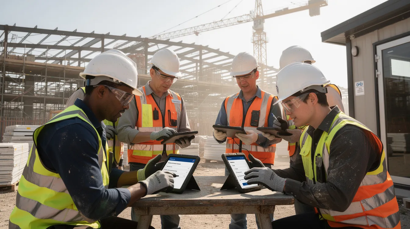 The image depicts workers at a construction site briefing area, engaged in completing a digital survey on tablets. This setting highlights the importance of measuring psychological safety and employee mental health, as team members share their thoughts to foster a supportive workplace culture.