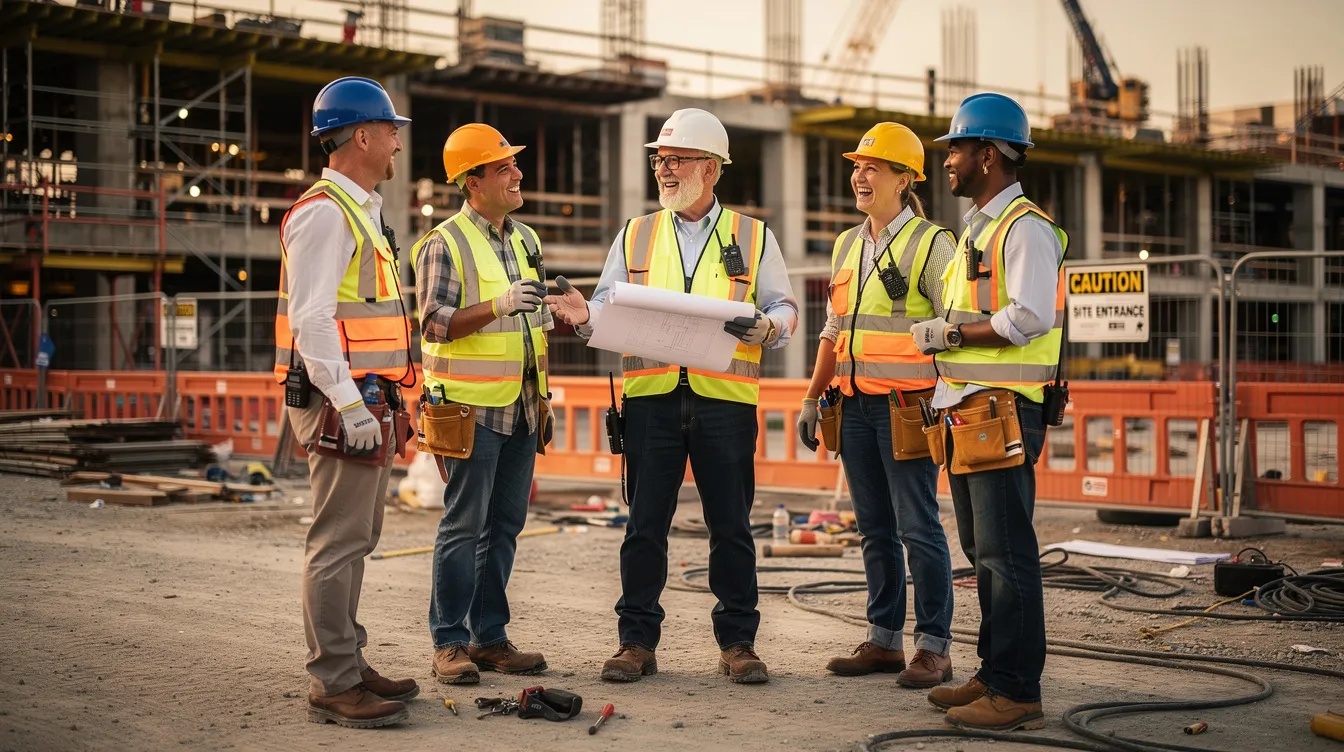 A senior leader wearing personal protective equipment (PPE) engages in an informal conversation with workers on a construction site, emphasizing the importance of workplace safety and fostering an open communication culture. This interaction highlights the organization's commitment to maintaining high safety standards and strengthening leadership accountability in creating a strong safety culture.