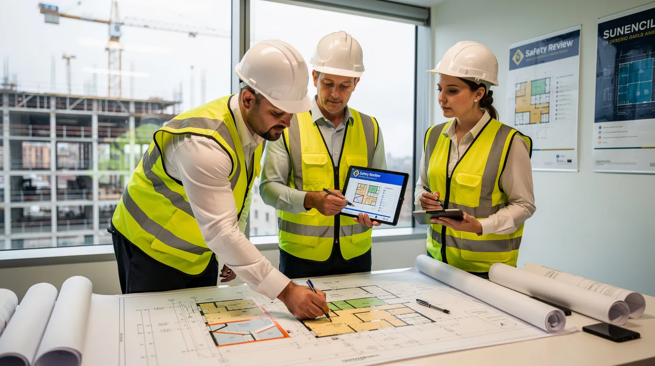 In a team huddle, a worker points out a hazard on construction plans while leaders listen attentively, emphasizing the importance of workplace safety and open communication. This scene reflects a commitment to maintaining high safety standards and fostering a strong safety culture within the organization.