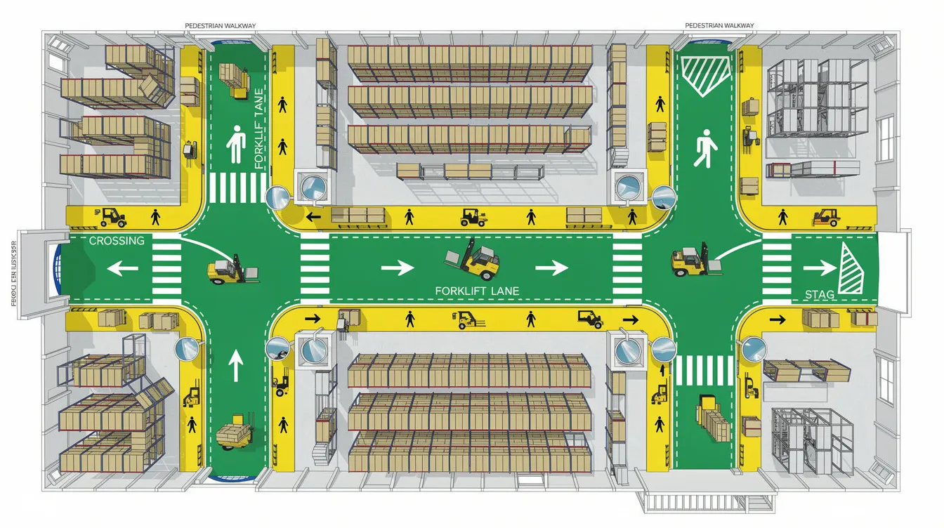 The image depicts a top-down view of a warehouse layout, featuring clearly marked pedestrian walkways, dedicated forklift lanes, and designated crossing points to enhance safety regulations. Convex mirrors are strategically placed at blind corners to improve visibility and reduce potential hazards during warehouse operations involving powered industrial trucks.
