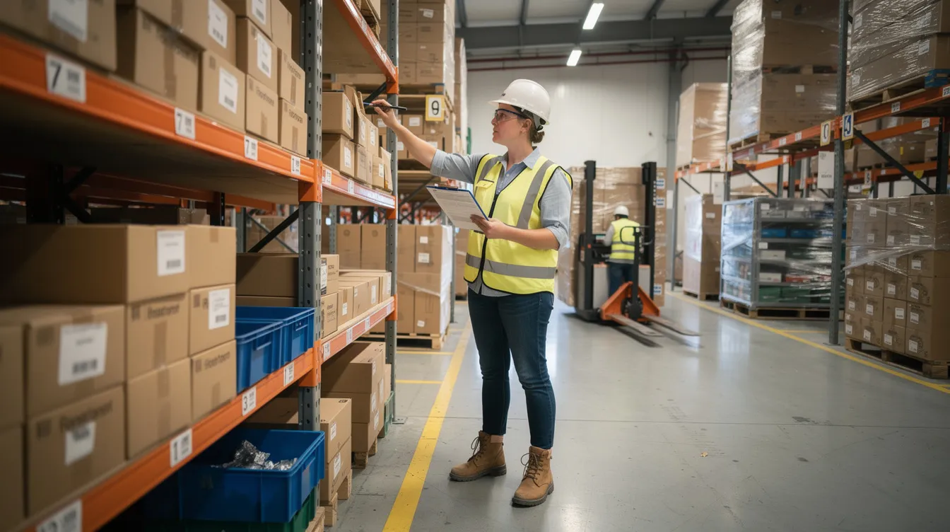 A safety consultant is performing a detailed walkthrough inspection at a small logistics warehouse, focusing on identifying hazards and implementing good workplace safety practices. The consultant emphasizes the importance of risk management and compliance with regulatory requirements to ensure a safer workplace and protect worker health.