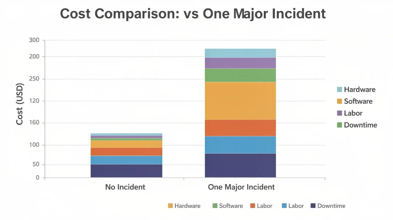 The image displays a stacked bar chart comparing the total costs associated with a workplace incident versus a no-incident scenario, highlighting both direct and indirect costs such as medical expenses, lost productivity, and the financial impact of workplace injuries. This visual representation emphasizes the true cost of workplace accidents and the importance of safety investments to cover indirect costs and reduce overall financial exposure.