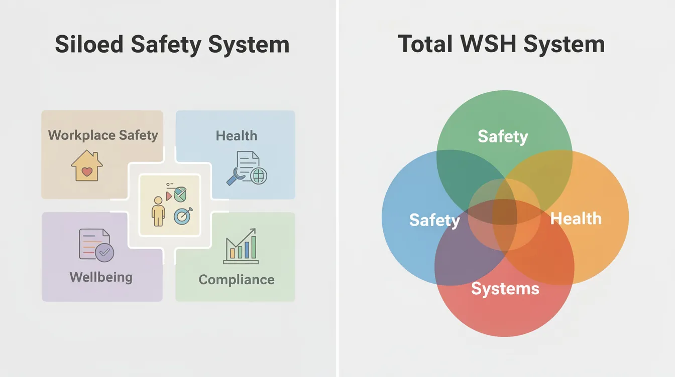 The image features a side-by-side conceptual illustration, with the left side depicting a siloed safety system represented by separate boxes, while the right side illustrates an integrated Total WSH system with overlapping circles, symbolizing the connection between occupational health, safety, and well-being in the workplace. This visual emphasizes the importance of integrated workplace safety and health services in promoting worker safety and preventing health hazards.