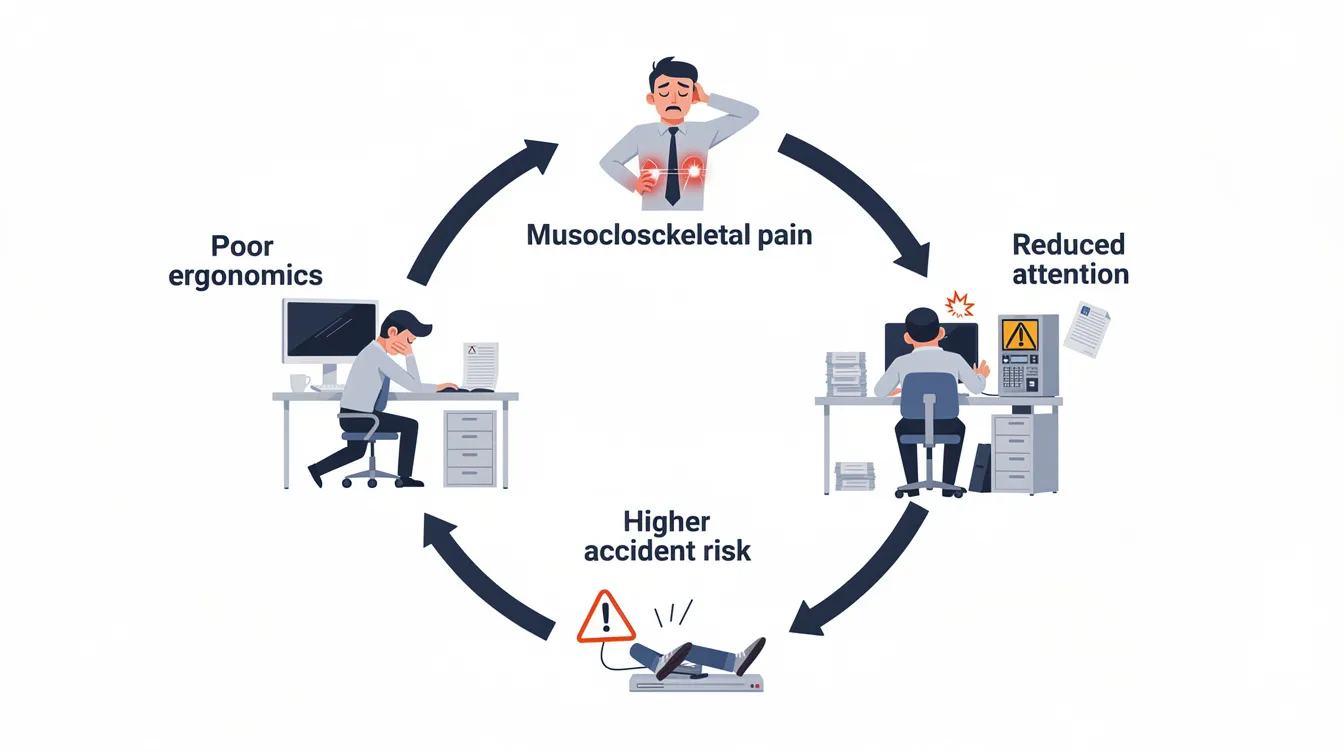 The diagram illustrates a cycle where poor ergonomics leads to musculoskeletal pain, resulting in reduced attention and an increased risk of workplace injuries. This highlights the importance of integrated workplace safety and health services to promote worker well-being and prevent health hazards.