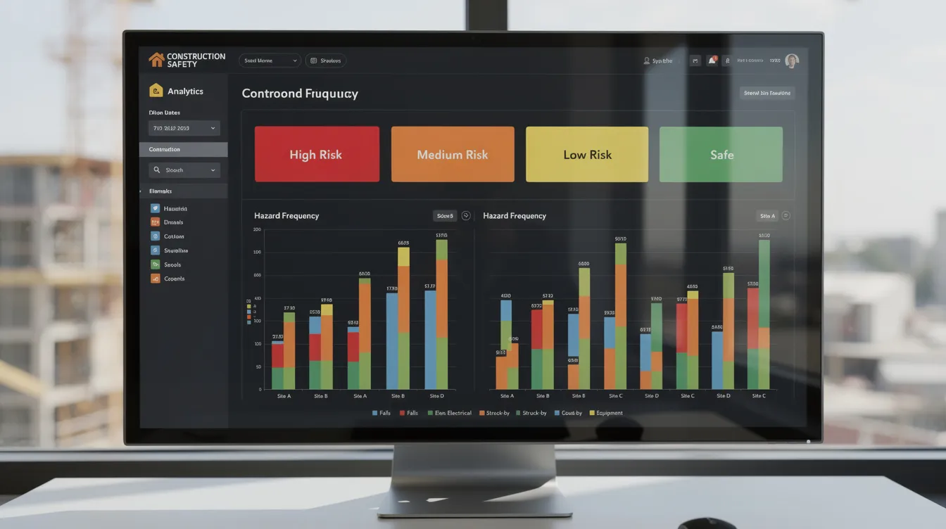 The image depicts a dashboard featuring color-coded risk categories alongside bar charts that illustrate hazard frequency across various construction sites, highlighting the importance of effective risk management and assessment in monitoring risks and ensuring compliance. This visual representation aids risk professionals in identifying patterns and managing risk exposure more efficiently than traditional spreadsheet-based risk management systems.