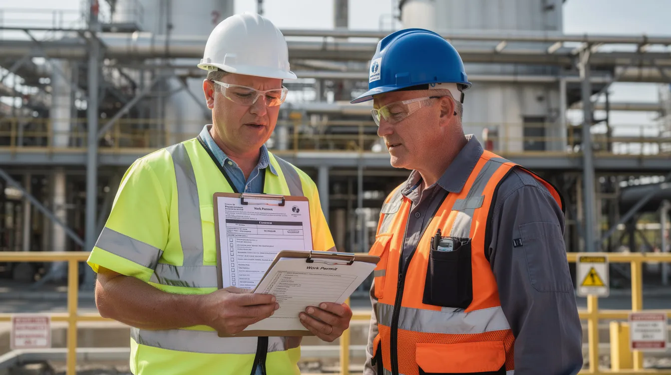 A safety inspector is reviewing permit documents with a site manager at an industrial facility, emphasizing the importance of workplace safety and compliance with health regulations. They discuss proactive risk management strategies to prevent common workplace hazards and ensure the well-being of employees.