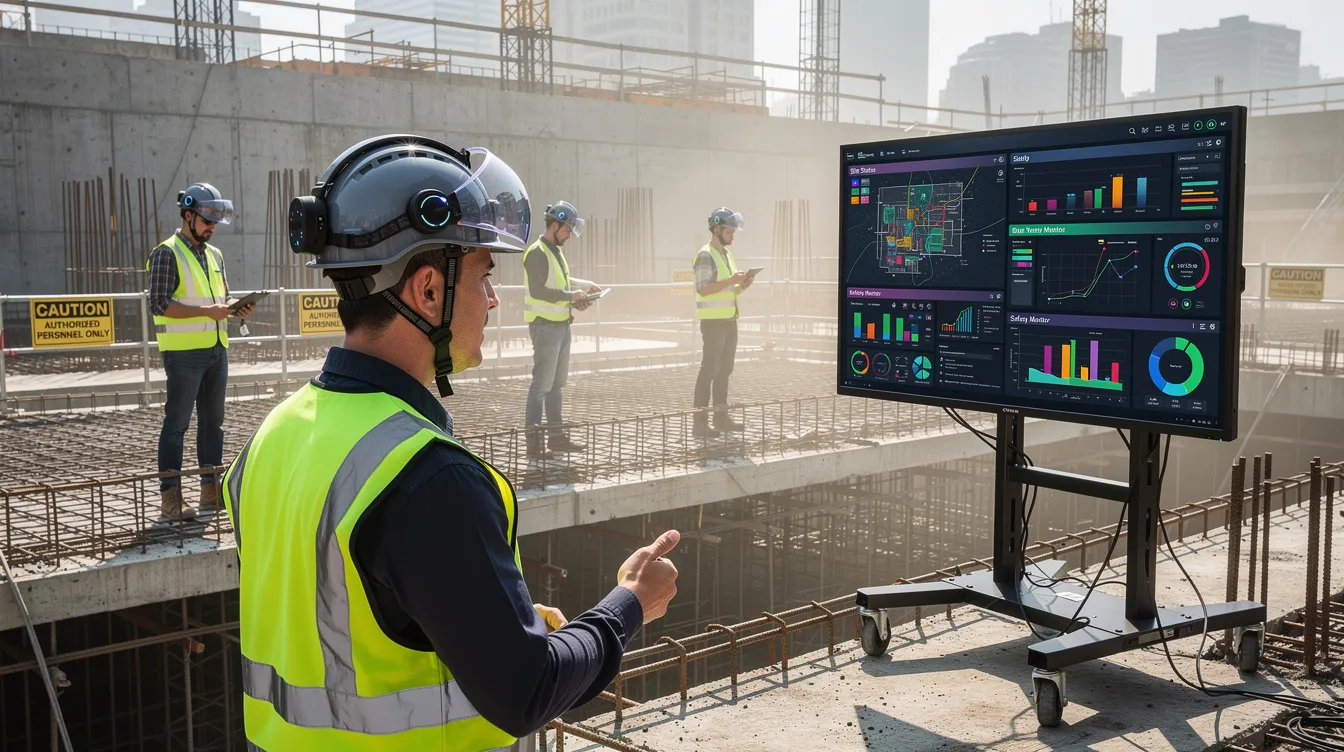 The image depicts workers on a construction site wearing smart helmets and safety vests, with digital monitoring screens in the background, highlighting the use of innovative solutions for workplace safety. This setting emphasizes the importance of leveraging technology, such as AI video analytics and digital safety management systems, to enhance hazard detection and improve overall safety processes in Singapore's construction sector.