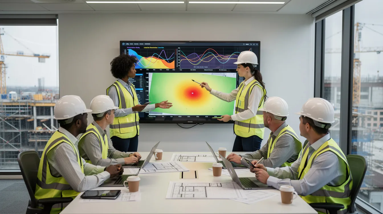 A safety team is gathered in a site office meeting room, reviewing AI-generated heatmaps and trend charts displayed on a large screen. This session focuses on enhancing workplace safety through AI video analytics, allowing safety officers to monitor safety protocols and identify risks in real time for improved operational efficiency.