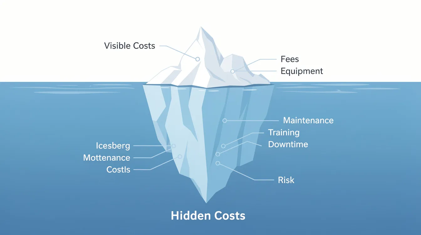 The image depicts an iceberg diagram illustrating the concept of costs associated with workplace incidents, where the small visible costs above the waterline represent direct costs such as medical expenses and insurance premiums, while the much larger hidden costs below the surface symbolize indirect costs like lost productivity and employee morale, emphasizing the true cost of a workplace accident. This visual highlights the importance of using a workplace incident cost calculator to understand the full financial impact of workplace injuries.