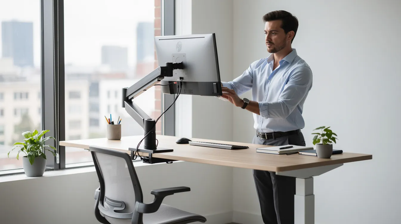 An office worker is seen adjusting the height of their monitor at a sit-stand desk positioned near a window, promoting workplace ergonomics and aiming to relieve stress associated with job burnout. This adjustment helps enhance their work-life balance and supports their emotional health in a high-pressure environment.