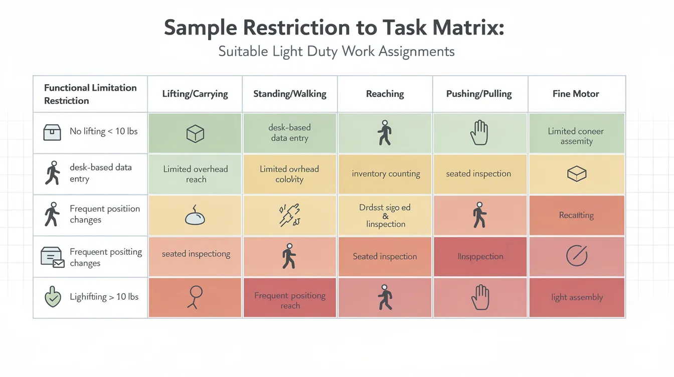 The image depicts a sample restriction-to-task matrix that outlines various functional limitations and maps them to appropriate light-duty assignments for injured workers. This matrix is a crucial tool in the return to work (RTW) process, helping both the injured employee and the employer identify suitable tasks that promote workplace safety and facilitate a smooth recovery.