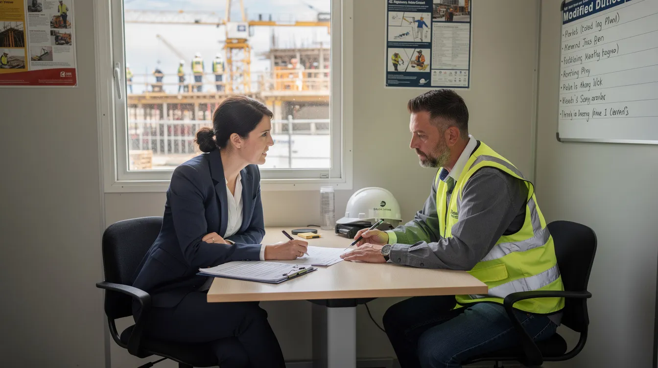 A return to work coordinator is engaged in a discussion with a supervisor at a construction site office, focusing on modified job tasks to support injured workers' safe return to work. This conversation highlights the importance of workplace safety and the role of RTW programmes in facilitating a smooth transition for employees recovering from work-related injuries.