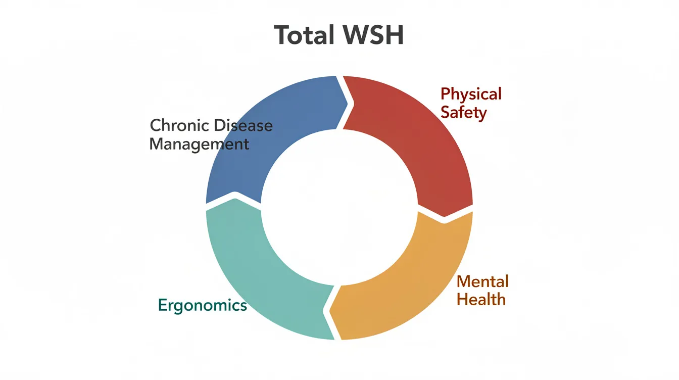The image features a circular diagram representing the Total WSH (Workplace Safety and Health) framework, divided into four segments: physical safety, mental health, ergonomics, and chronic disease management. This integrated approach aims to promote worker health and well-being while identifying potential health hazards and enhancing safety outcomes in the workplace.