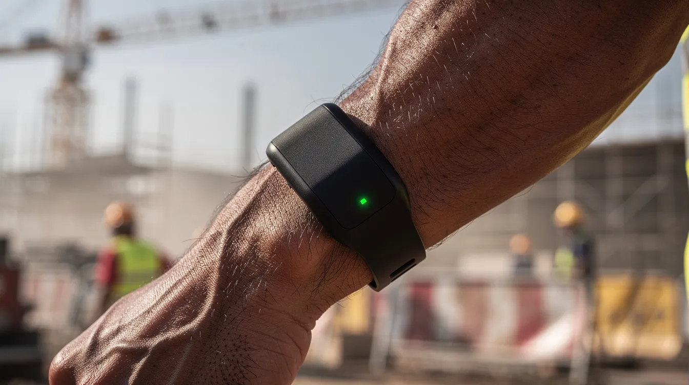 A close-up view of a worker's forearm adorned with a black sensor armband featuring a small LED indicator, designed for monitoring heat stress and core body temperature in high-risk environments like construction sites, with a blurred construction scene in the background. This wearable technology aims to prevent heat-related illness and enhance workplace safety for outdoor workers.