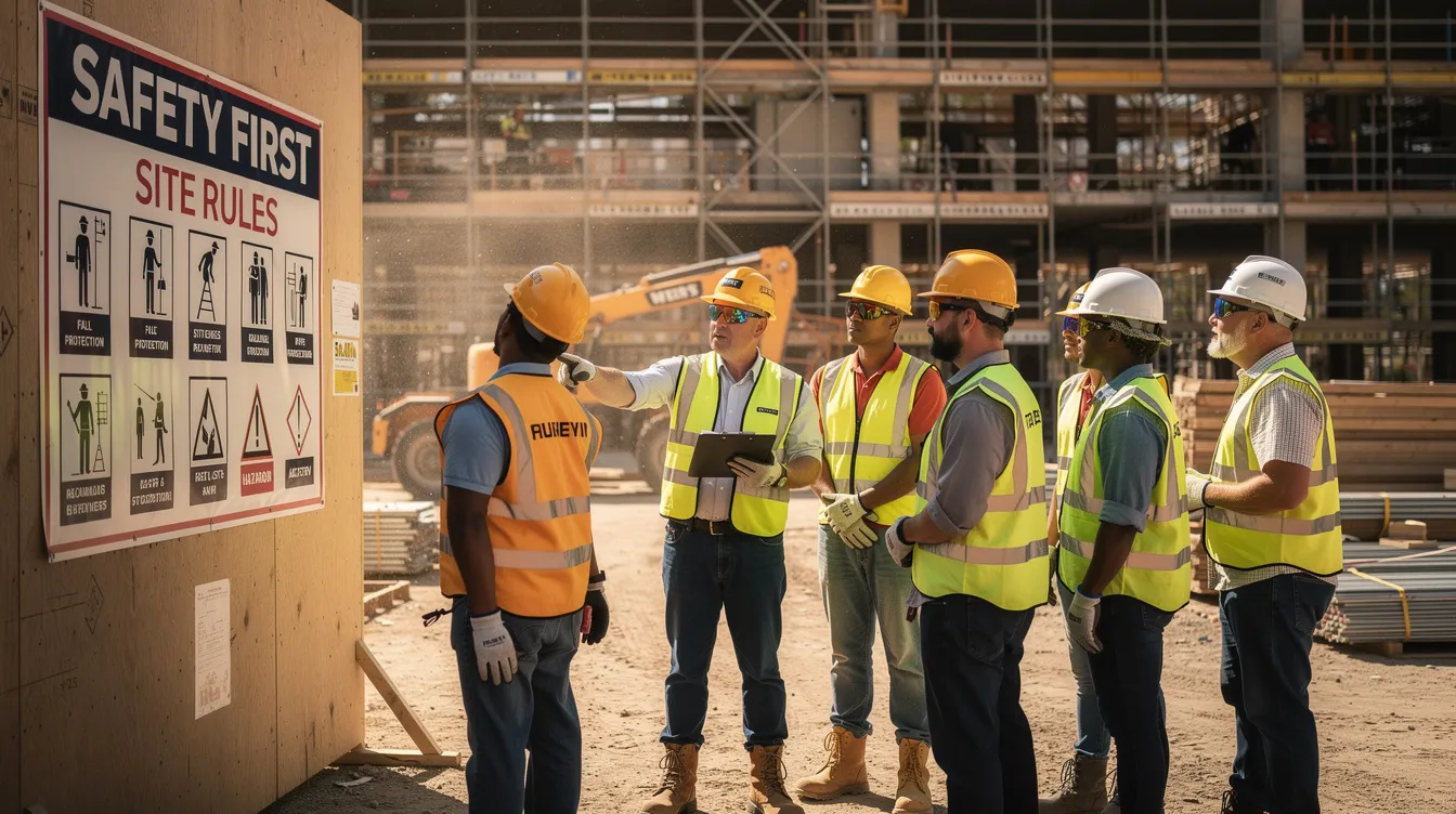 A group of workers is gathered at a construction site, attentively listening to a supervisor who is pointing to safety signage that outlines essential safety measures. This safety briefing emphasizes the importance of workplace safety and health, highlighting the need for personal protective equipment and proper risk assessments to prevent workplace incidents.
