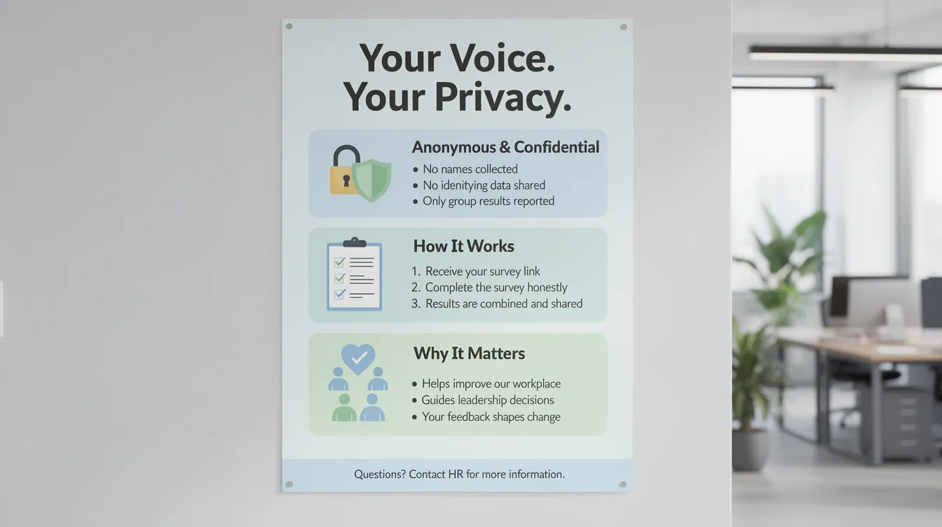 The infographic poster illustrates the process of conducting employee surveys while emphasizing the importance of anonymity, aiming to foster psychological safety in the workplace. It highlights how ensuring employees feel safe to share honest feedback can enhance team effectiveness and overall mental health.