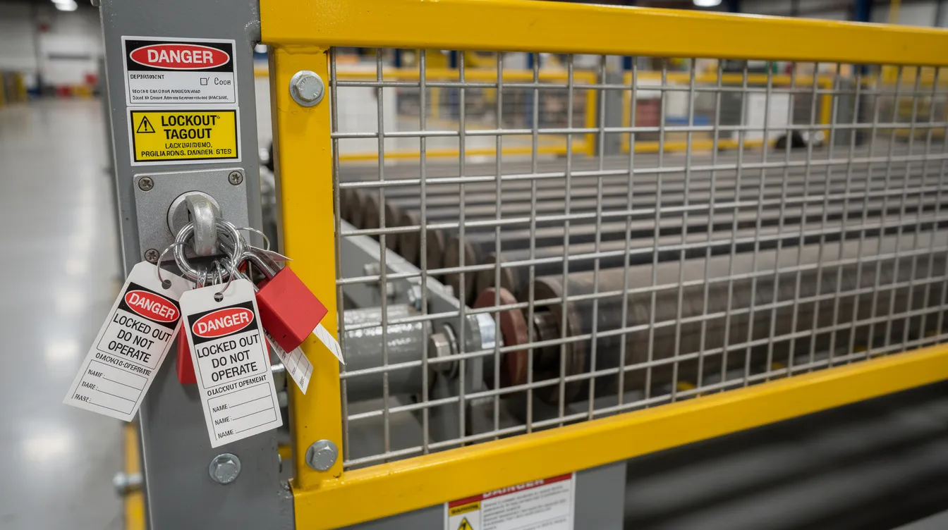 The image shows a close-up view of a properly installed fixed guard on an industrial conveyor, featuring a clearly labelled lockout-tagout hasp and tags. This setup emphasizes workplace safety and proactive risk management, helping to prevent serious injuries and compliance issues related to common workplace hazards.