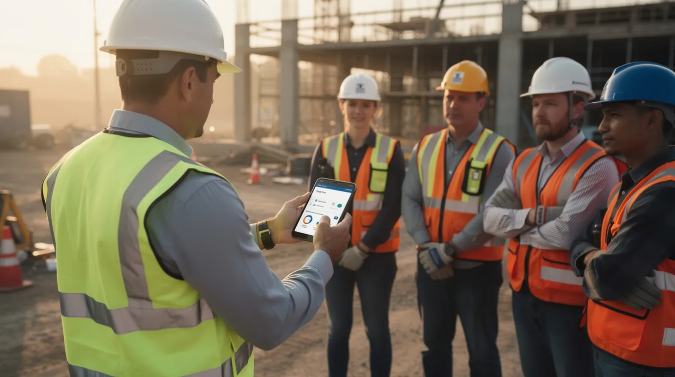 A supervisor in a yellow vest is demonstrating a mobile phone dashboard to a group of workers during a morning toolbox talk at a construction site, focusing on monitoring heat stress and preventing heat-related illness among outdoor workers. The discussion emphasizes the importance of wearable technology and safety measures to protect workers' health in high temperatures.