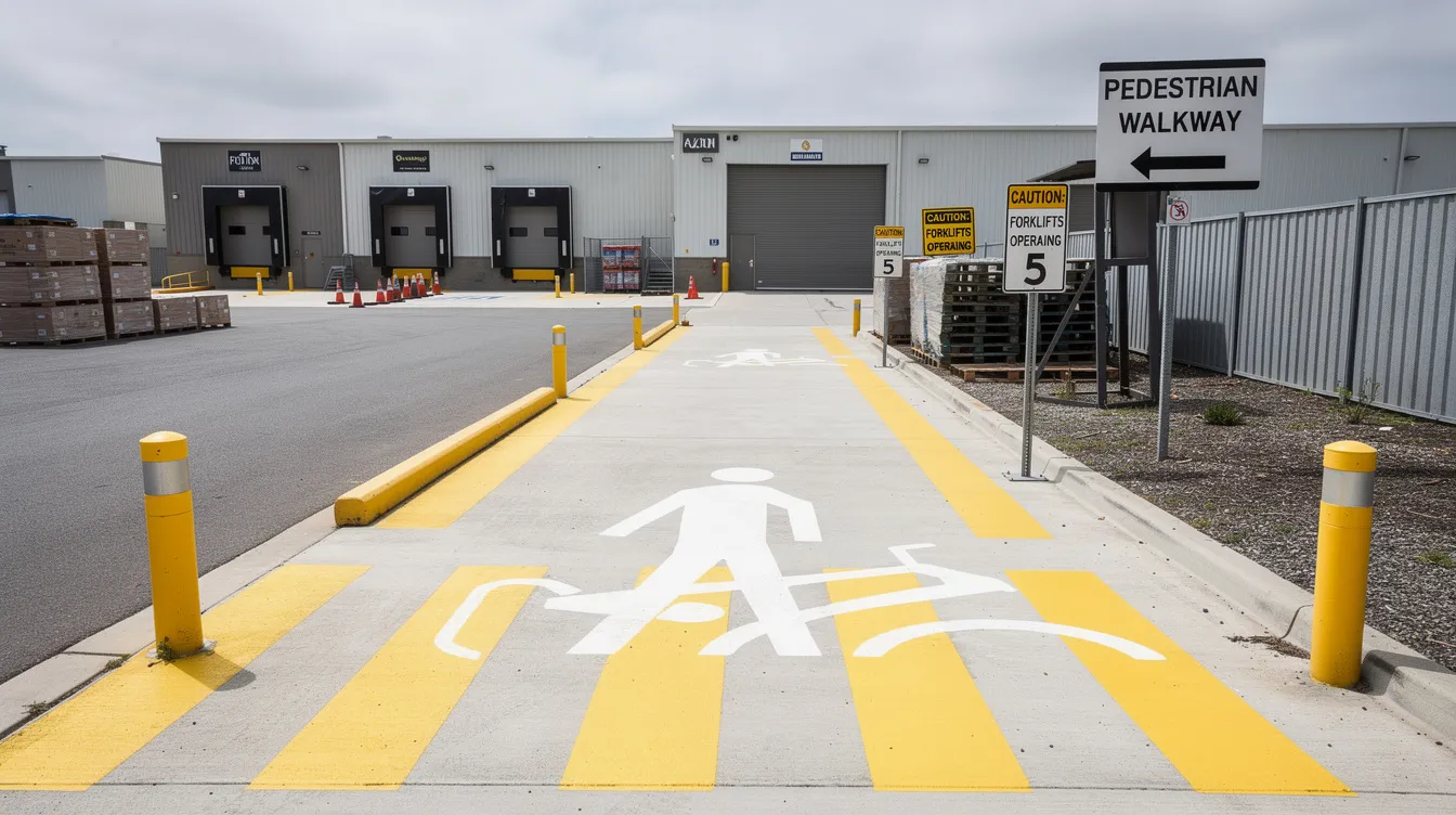 The image shows a clearly marked pedestrian walkway in a small warehouse yard, featuring safety signage to promote workplace safety and risk management. This setup emphasizes the importance of implementing good WSH practices to create a safer workplace for employees and enhance operational efficiency.