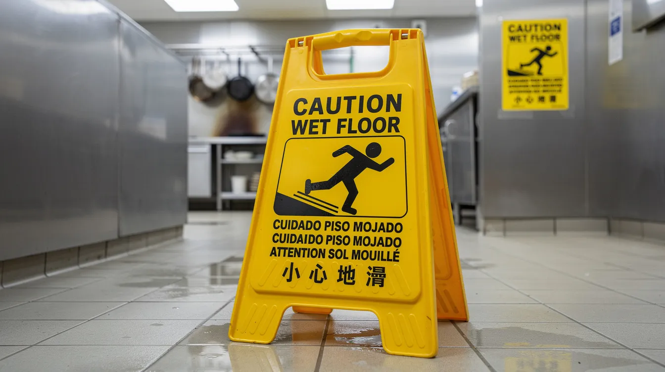 The image shows a multilingual wet floor warning sign with pictograms, prominently displayed in a commercial kitchen corridor. This safety sign is crucial for raising awareness among employees about the risk of slips and falls in a busy kitchen environment.