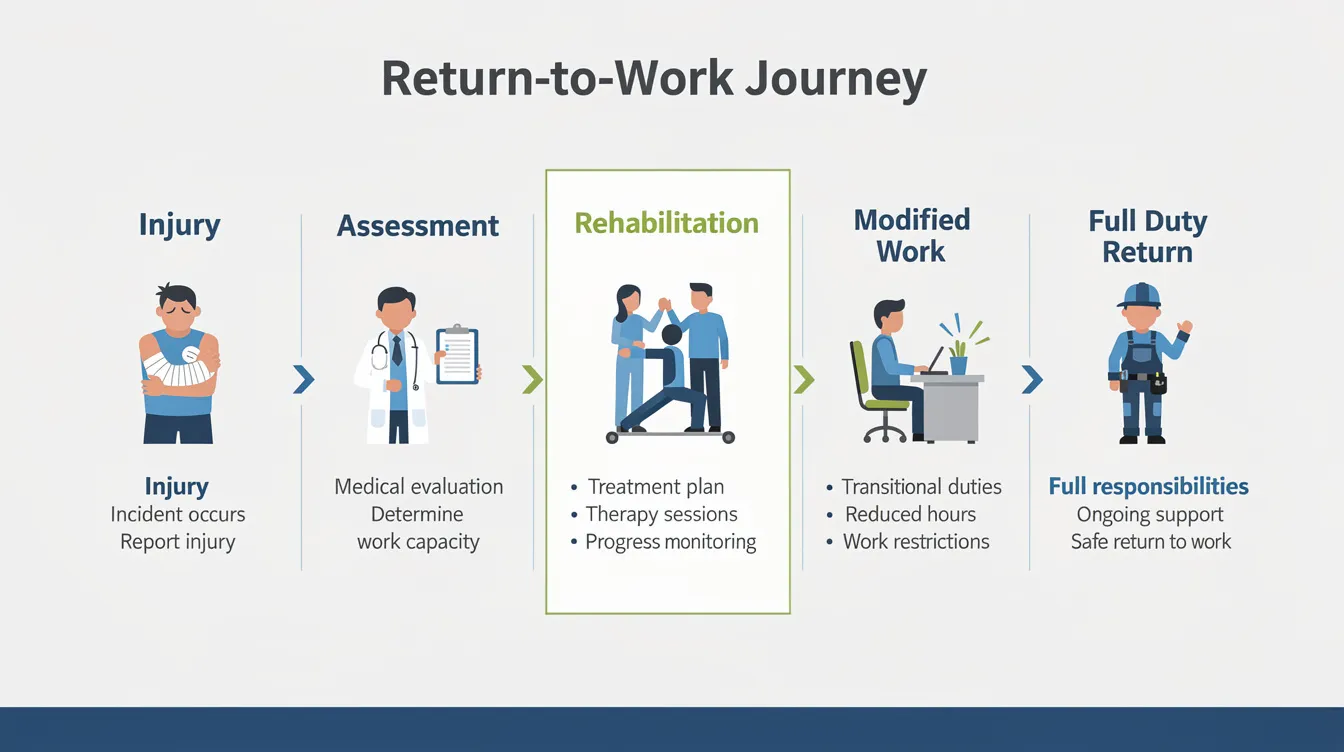 The infographic illustrates the return to work (RTW) journey for injured workers, detailing the process from injury through rehabilitation to modified work and ultimately a full duty return. It emphasizes the importance of workplace safety, healthcare professionals, and personalized case management in facilitating a smooth and successful return for injured employees.