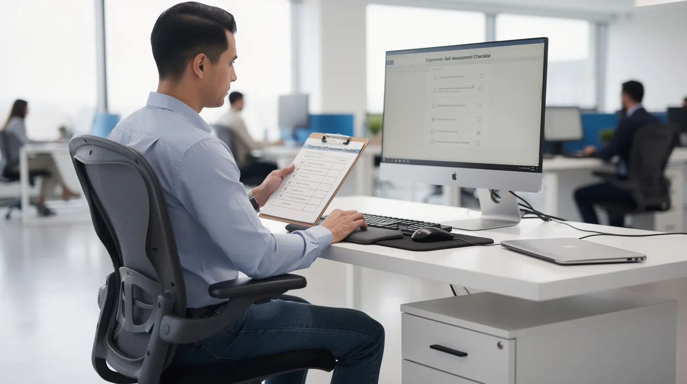A person is conducting a workstation ergonomic self-assessment using a checklist to identify risk factors that may lead to workplace injuries or emotional exhaustion. This process aims to promote workplace safety and reduce stress, ultimately supporting better work-life balance and emotional health.