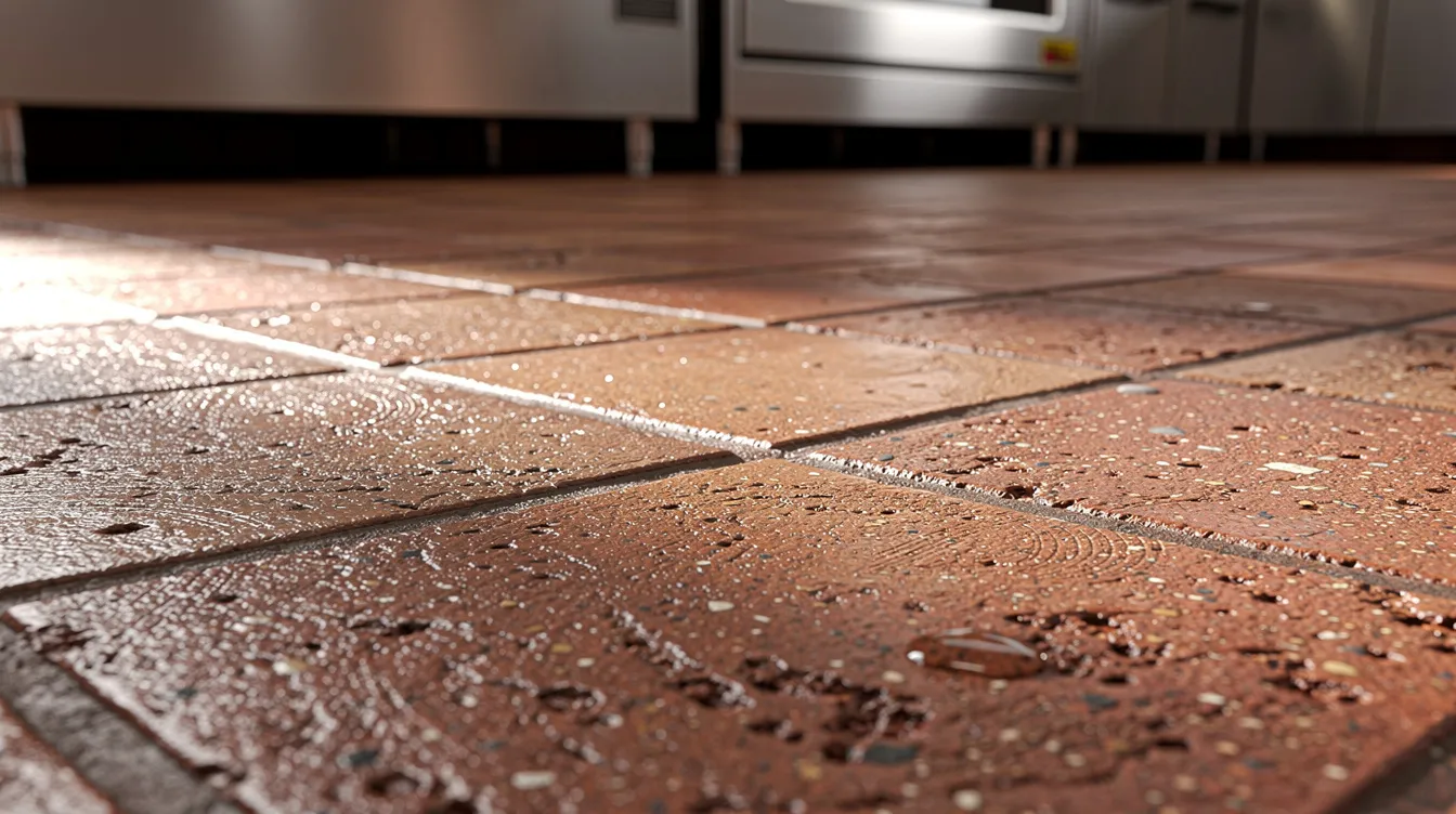 The image shows a close-up view of textured anti-slip quarry tile flooring in a commercial kitchen, specifically near a cooking station, highlighting the importance of safety in environments where hot equipment and potential slip hazards exist. This flooring is designed to reduce the risk of slips and falls, ensuring a safer workspace for employees as they prepare meals.
