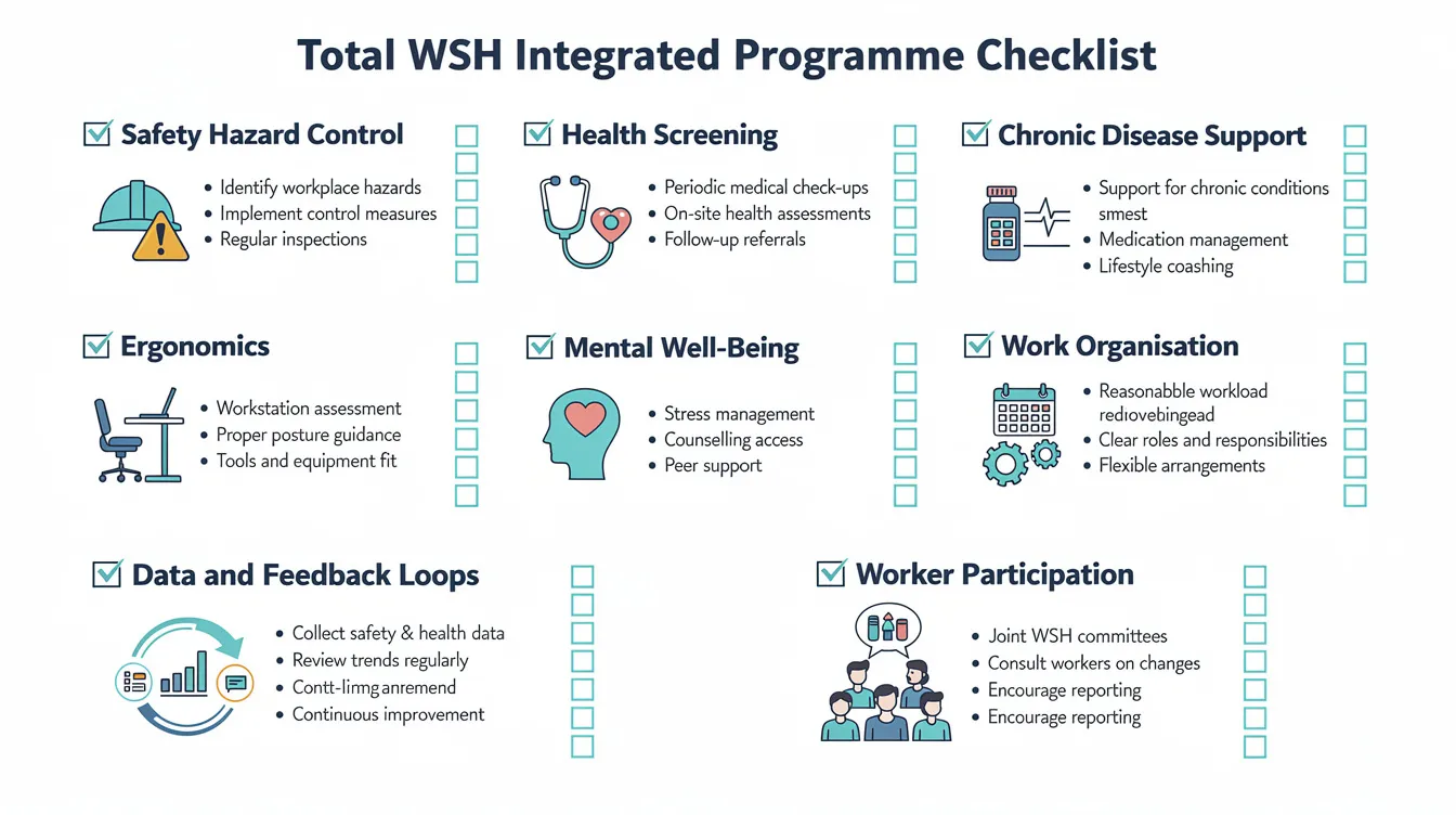 The image features a one-page visual checklist outlining the key elements of a Total WSH integrated programme, including safety hazard control, health screening, and mental well-being. This comprehensive guide aims to promote worker safety and advance worker well-being by integrating occupational health practices and risk management strategies.