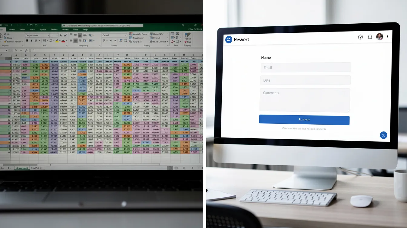 The image depicts a split-screen comparison, with a cluttered Excel spreadsheet filled with data on one side, and a sleek, organized digital risk management form interface on the other, highlighting the transition from traditional spreadsheet-based risk management to more effective and streamlined digital solutions for risk assessment. This visual emphasizes the importance of modernizing risk management processes to improve efficiency and accountability in monitoring risks and managing identified risks.