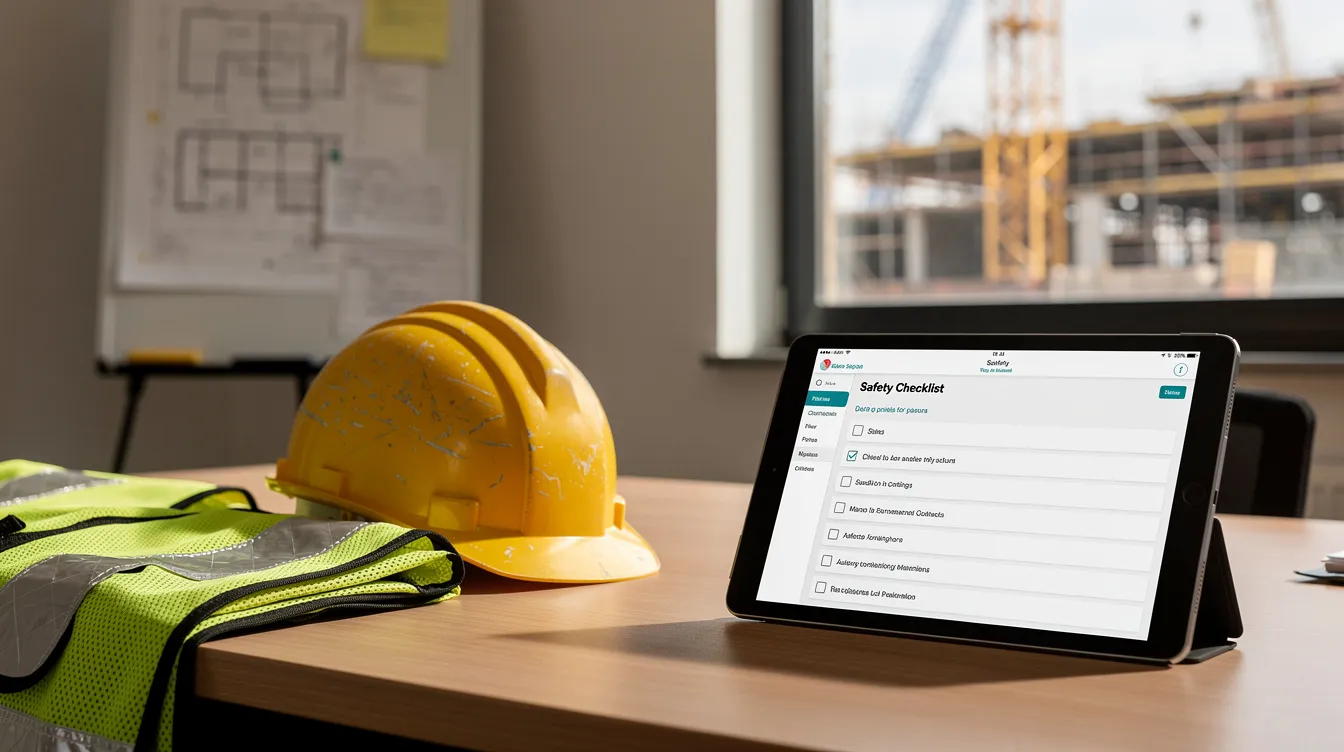 The image depicts a construction site office featuring a tablet that displays a digital safety checklist, positioned alongside a hard hat and a safety vest. This setup emphasizes the shift towards effective risk management and digitalizing risk assessment forms, moving beyond traditional spreadsheet-based risk management methods.