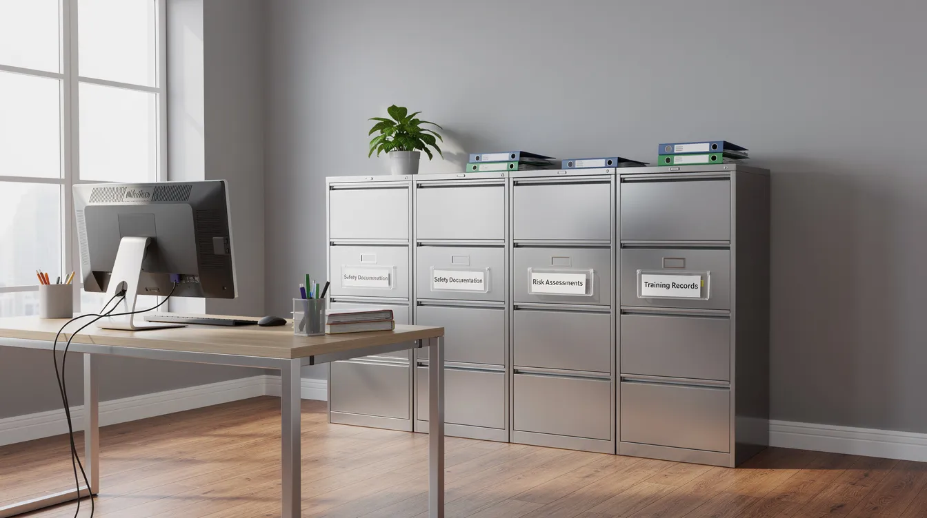 The image shows a well-organised office featuring neatly labelled filing cabinets that contain essential safety documentation, including risk assessments and training records. This setup reflects a commitment to workplace safety and health, ensuring compliance with the WSH Act and promoting effective safety measures.