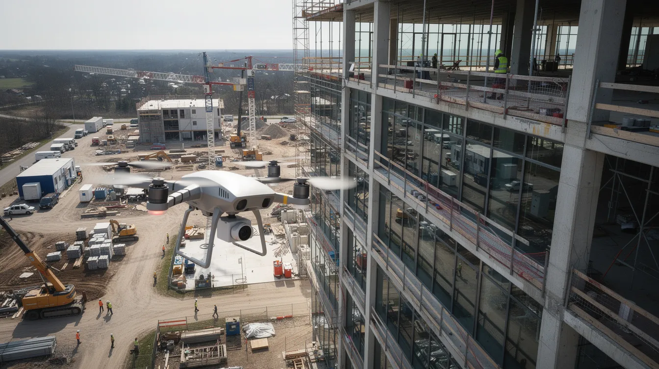 An aerial view of a construction worksite shows a drone hovering near a tall building, likely for inspection purposes. This scene emphasizes the importance of leveraging innovative solutions, such as digital safety management systems, to enhance workplace safety and improve hazard detection in Singapore's construction sector.