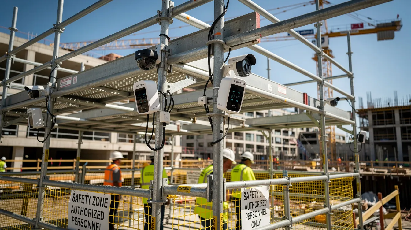 The image depicts a construction site equipped with AI-powered cameras and digital safety management systems installed on scaffolding, aimed at enhancing workplace safety and improving hazard detection. These innovative solutions leverage technology to reduce risks and boost productivity, addressing the challenges faced by Singapore's construction sector.